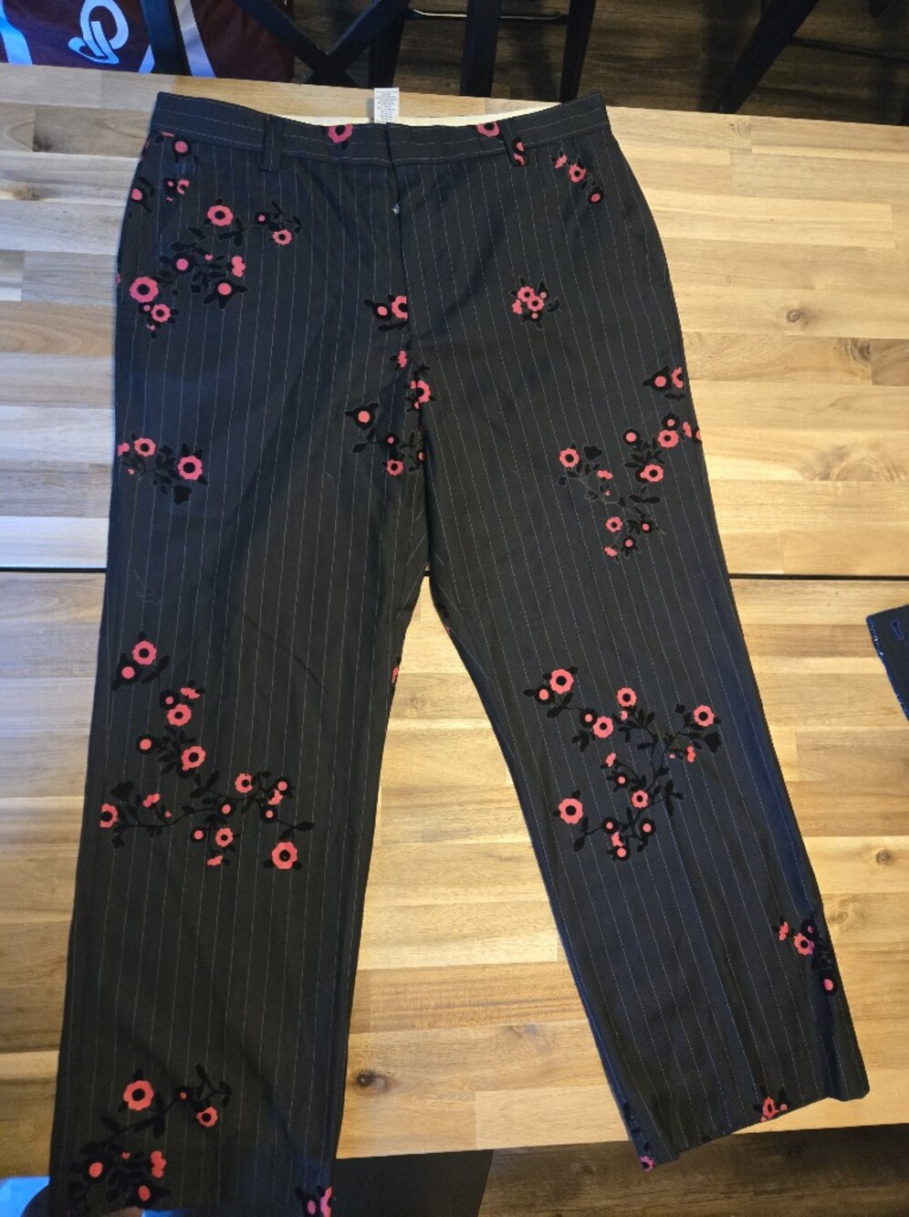 Marc Jacobs Black Pinstripe Trousers with Red Floral Appliqué - Picture 6 of 8